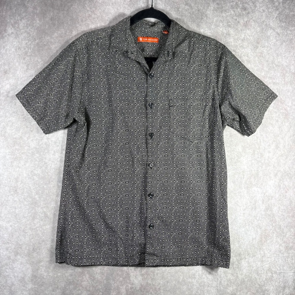 Tori Richard Button Down Shirt Mens S Black White Diamond Beach Hawaiian Travel‎